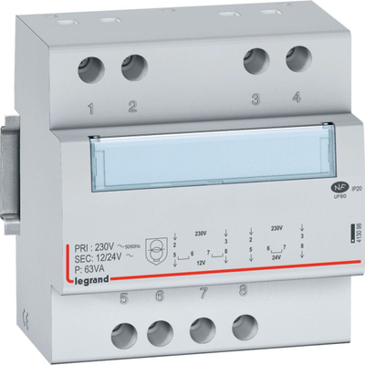 Transformator sigurie Legrand 413098, 230V hyrje, 12V 24V dalje, 63VA