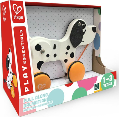 Qen druri me rrotë Hape Pull Along Dalmatian, për kalamaj 1–3 vjeç, i bardhë me pika të zeza