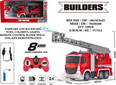 Autobot zjarrfikës me pult Builders, 1:12, me drita dhe spërkatje uji, i kuq
