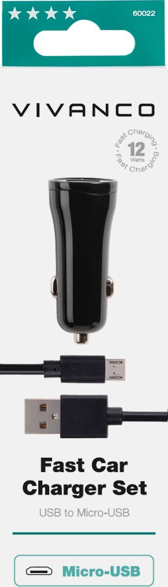 Karikues makine Vivanco Fast Car Charger Set, 12W, me kabllo Micro USB, i zi