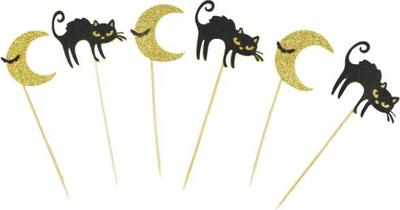 Dekor tortash Arpex Cake Toppers Cats, set me 5 copë, me mace dhe hënë, ngjyrë e zezë me shkëlqim