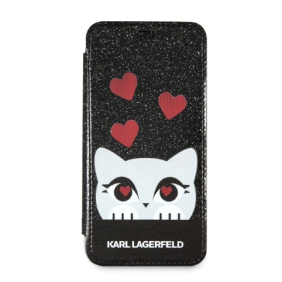 Mbulesë telefoni Karl Lagerfeld Book Valentine për iPhone X XS, eco leather, me kapak, e zezë me mace