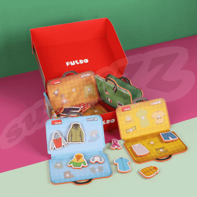 Loja edukative Puedo Pack Your Bags Matching Game, me valixhe, copa veshjesh prej shkumë, shumëngjyrëshe