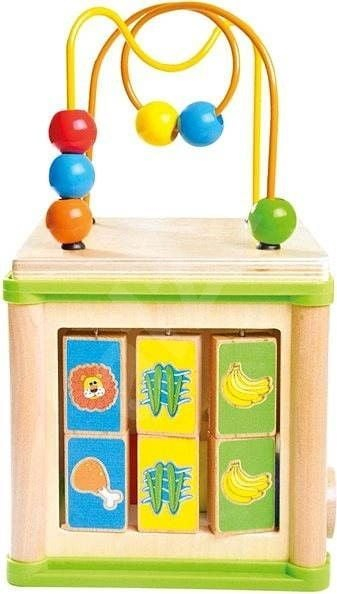 Дрвена едукативна играчка Bino Activating Cube 5 in 1, повеќе активности, со лавиринт со мониста, во повеќе бои