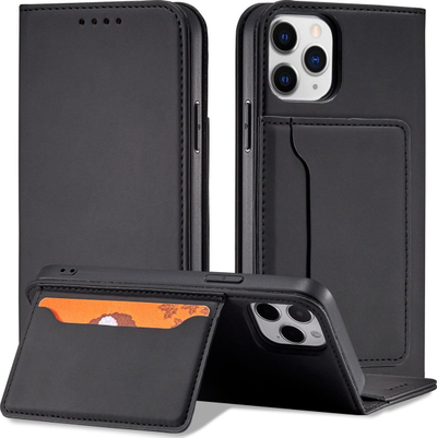 Këllëf telefoni Hurtel Magnet Card Case për iPhone 12 Pro Max, me portofol për karta, me qëndrim, i zi