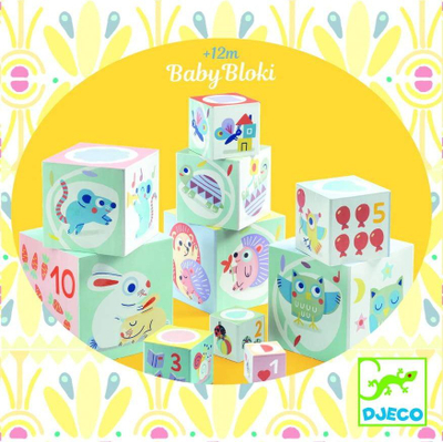 Lodër me blloqe Djeco Baby White BabyBloki, 10 kuba, edukative, shumëngjyrëshe