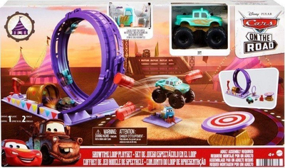 Set loje Disney Pixar Cars On The Road Showtime Loop, me kamionçinë Ivy, rampë unazë, shumëngjyrësh