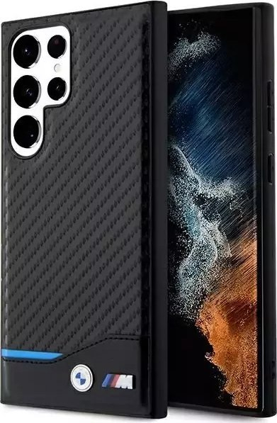 Kapak telefoni BMW për Samsung Galaxy S23 Ultra, efekt karboni, me vijë sportive, ngjyrë e zezë