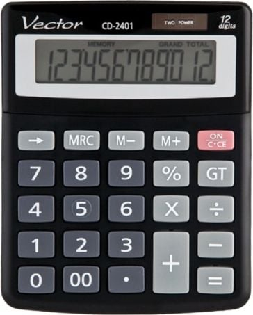 Kalkulator Vector DK-222, ekran me 12 shifra, me diell edhe me bateri, gri