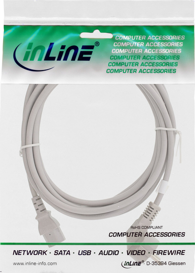 Kabllo rryme InLine Power Cable, CEE 7/7 me kënd, 3pin IEC C13, 1m, gri