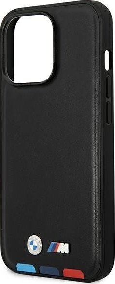 Qese telefoni BMW Leather Stamp Tricolor MagSafe, për iPhone 14 Pro Max 6.7", lëkurë, e zezë