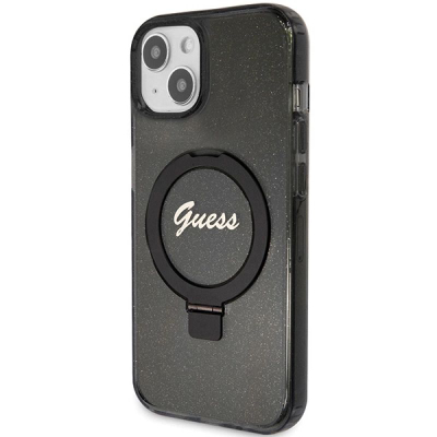 Futrollë Guess me unazë Ring Stand Script Glitter MagSafe, për iPhone 15 Plus 14 Plus 6.7", e zezë