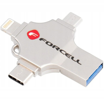 USB Forcell F-Data Metal Quad, 128GB, USB 3.2 Type-A USB-C micro-USB Lightning, argjend