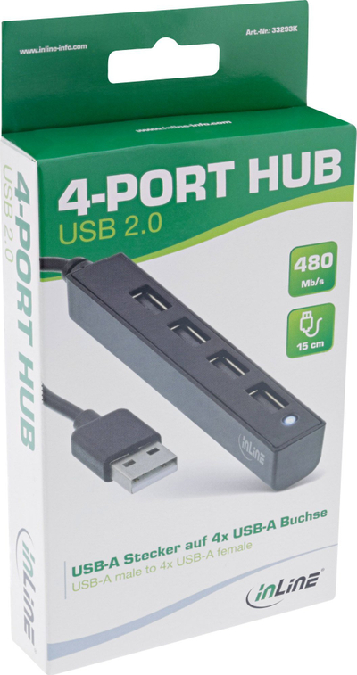 HUB USB InLine 2.0, 4 porta USB A, kabllo 15cm, i zi