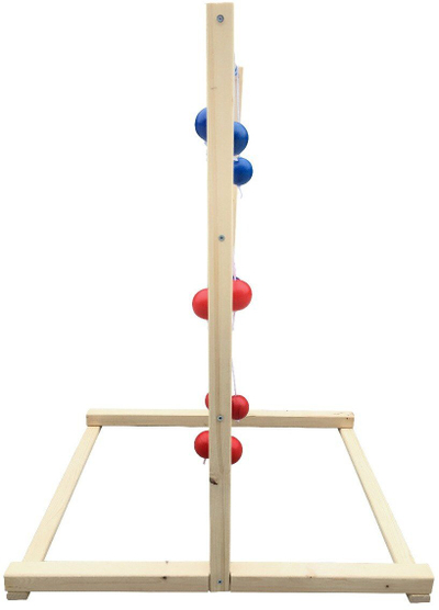 Lojë oborri Tikapuugolf Ladder Golf, dru 60×50×90 cm, topa blu e kuqe, ngjyrë natyrale