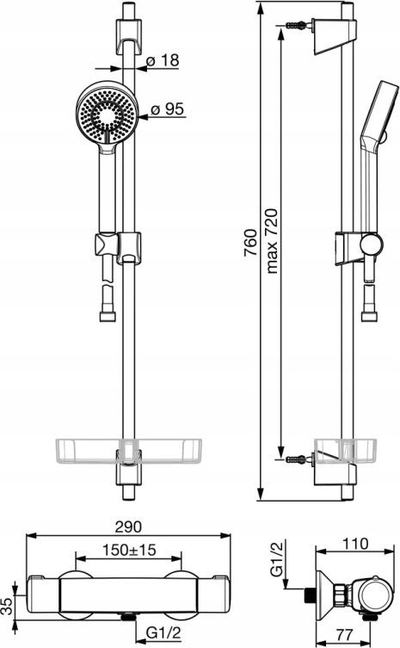 Sistem dushi Oras Nova 7413u me rubinet termostatik, krom