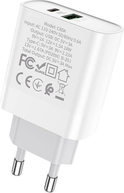 Karikues Hoco C80A (6931474740519), USB-A, USB-C, 3A, i bardhë