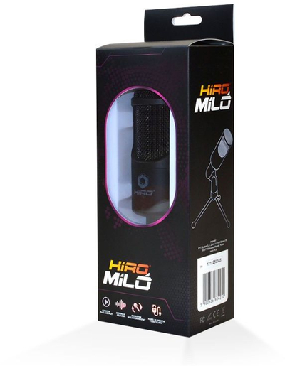 USB гејминг микрофон Hiro Milo, со трипод, намалување на шум, црн