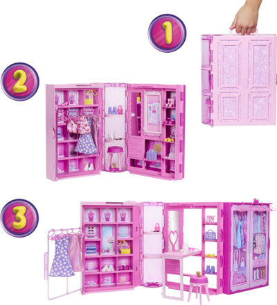 Set loje Barbie Dream Closet, garderobë me gjona, rozë