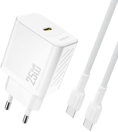 Karikues USB-C Dudao A27CEU, 25W PD GaN, me kabllo USB-C 1m, i bardhë