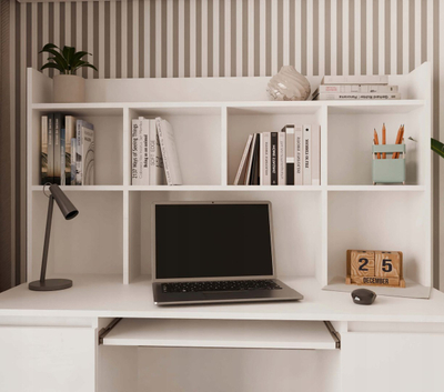 Organizues tavoline Kuba Desk Topper, 130 cm, 5 rafte, i bardhë mat