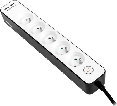 Продолжен приклучок Tracer Zebra, 5 места, 1.5 m, 2x USB 2.1A, бело и црно
