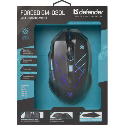 Maus me kabllo Defender Forced GM-020L, 3200 DPI, 6 butona, me mouse pad, i zi