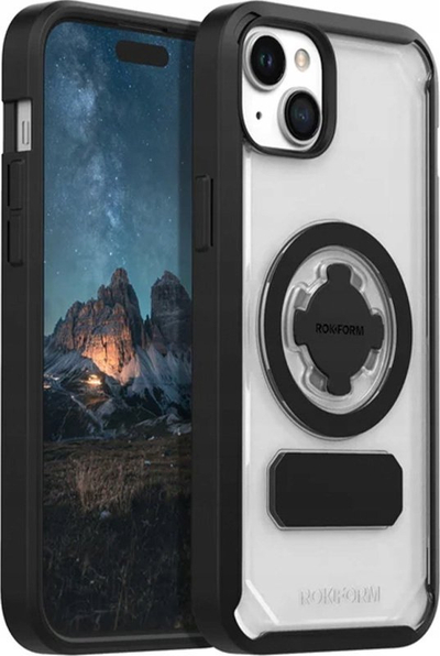 Maskë telefoni Rokform Crystal për iPhone 15, që s’e ha kollaj goditja, me magnet dhe RokLock, transparente me të zezë