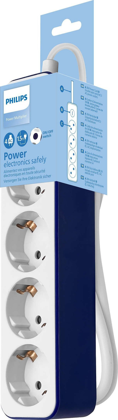 Zgjatues elektrik Philips Power Multiplier, 1.5m, 4 priza Schuko, i bardhë e kaltër