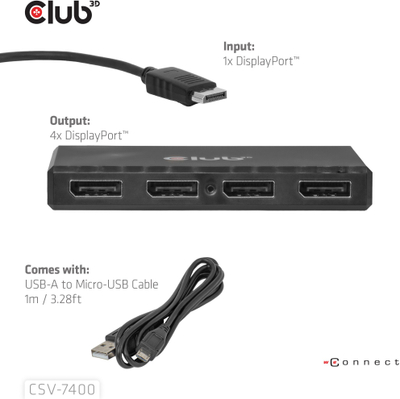 HUB Club 3D CSV-7400, DisplayPort në 4x DisplayPort MST, 4K 30Hz, i zi