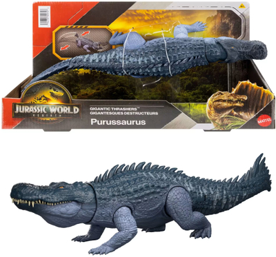 Figurine dinosauri Mattel Jurassic World Rebirth Gigantic Thrashers Purussaurus, 37 cm, lodër interaktive, shumëngjyrëshe