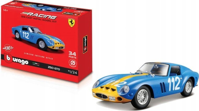 Set modelimi makinë Bburago Ferrari 250 GTO, shkalla 1:24, die cast, blu