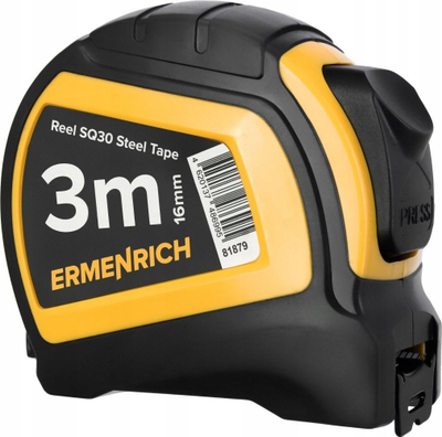 Metër matës Ermenrich Reel SQ30, 3m, shirit çeliku 16mm, i verdhë e zi