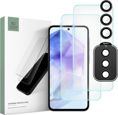Xham mbrojtës Tech-Protect Supreme Set për Galaxy A55 5G, 2 herë xham ekrani, mbrojtëse kamere, transparent