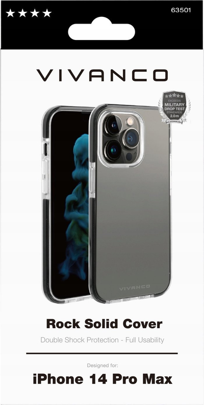 Këllëf telefoni Vivanco Rock Solid për iPhone 14 Plus, TPU, mbron nga rëniet deri 2 m, transparent me të zezë