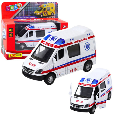 Lodër furgon autoambulancë metal, 1:32, me tërheqje mbrapa, drita edhe zhurma, e bardhë