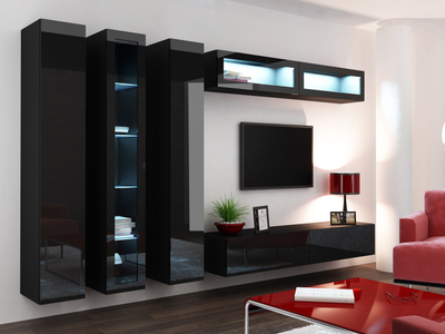 Vitrinë e varur Cama Meble VIGO 180, 180x40x30cm, xham i kalitur, e zezë shkëlqim