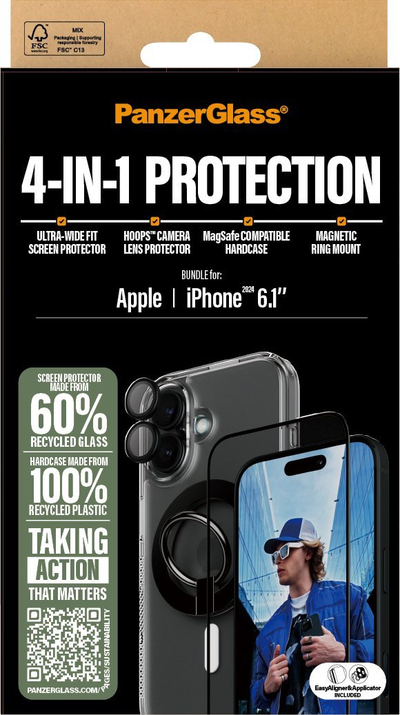 Set mbrojtës PanzerGlass 4‑në‑1, për iPhone 16 6.1", xham Ultra‑Wide Fit, kuti transparente me ring