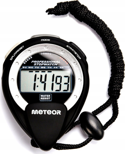 Kronometër digjital Meteor Stopwatch, mat 1/100 sekonde, i papërshkueshëm nga uji, ngjyrë e zezë
