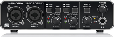 Ndërfaqe audio USB Behringer U-Phoria UMC202HD, 24bit 192kHz, 2 hyrje Midas, e zezë