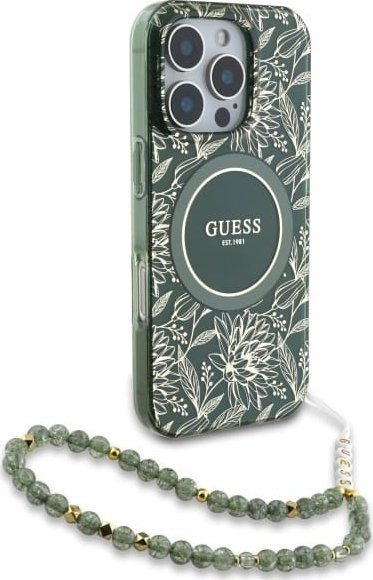 Mbulesë telefoni Guess IML Flowers Allover Electro with Pearl, për iPhone 16 Pro Max, MagSafe, jeshile