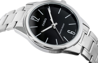 Orë burrash Casio MTPV005D-1B, analoge quartz, çelik inox, me faqe të zezë