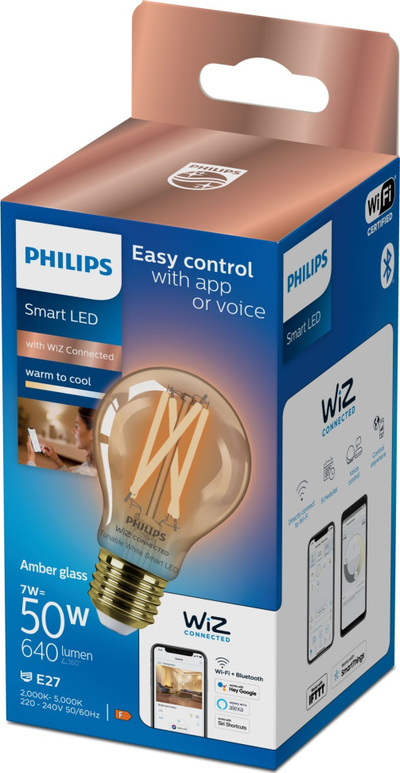 Llampë LED smart Philips Filament Amber A60, 7W 640 lm, E27, dritë e bardhë 2000-5000K