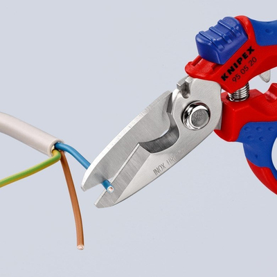 Gërshërë të kënduara për elektricistë Knipex 95 05 20, çelik inox, doreza plastike, blu kuqe