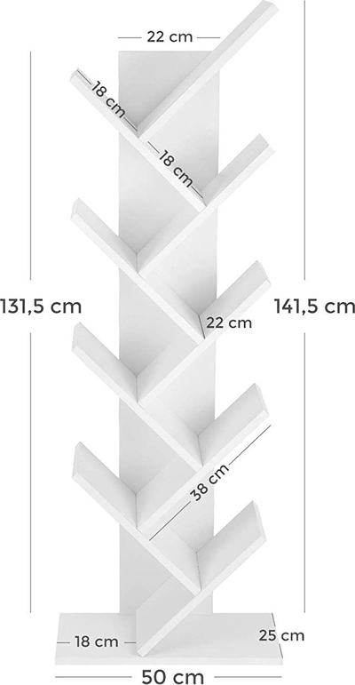 Полица за книги VASAGLE 8-нојно дрво, 141.5cm, подна, бела