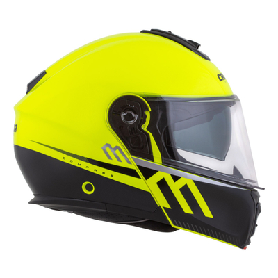 Helmetë moto CASSIDA Modulo 2.1 Compass, touring flip up, përgatitur për Pinlock, e verdhë fluo e zezë argjend të kuqe