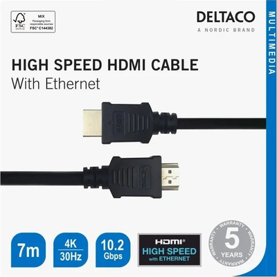 Kabllo HDMI Deltaco High Speed, 7m, 4K, i zi