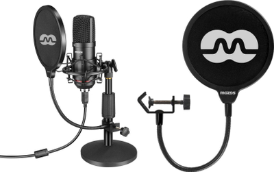 USB микрофон Mozos MKIT-900PRO Gamer, студио сет со поп филтер PS-1, црн