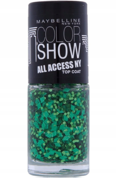 Lak thonjsh Maybelline Color Show All Access NY, top coat me glitter jeshil