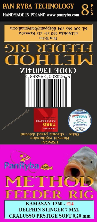 Parzmore peshkimi Pan Ryba Method Feeder Rig, grep Kamasan T360 nr 14, fije 0.20 mm, transparente